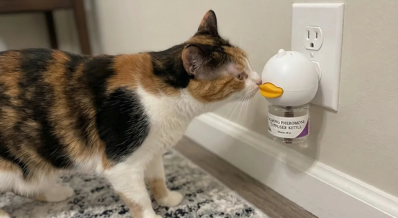 Calico cat curiously sniffing plugged-in AromaPaw diffuser