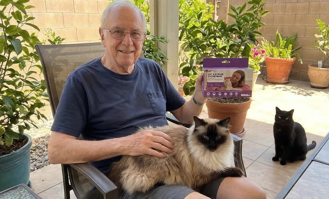 Customer relaxing outdoors with two cats and AromaPaw product