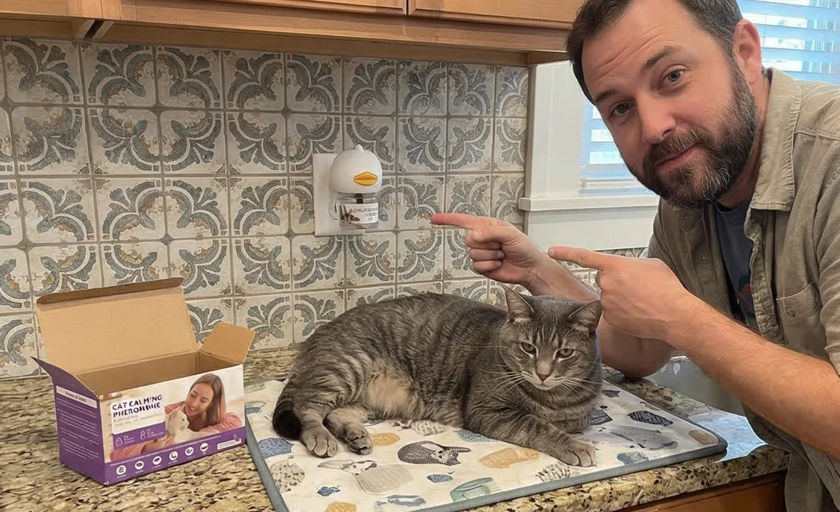 Customer pointing at calm tabby cat next to AromaPaw unboxing