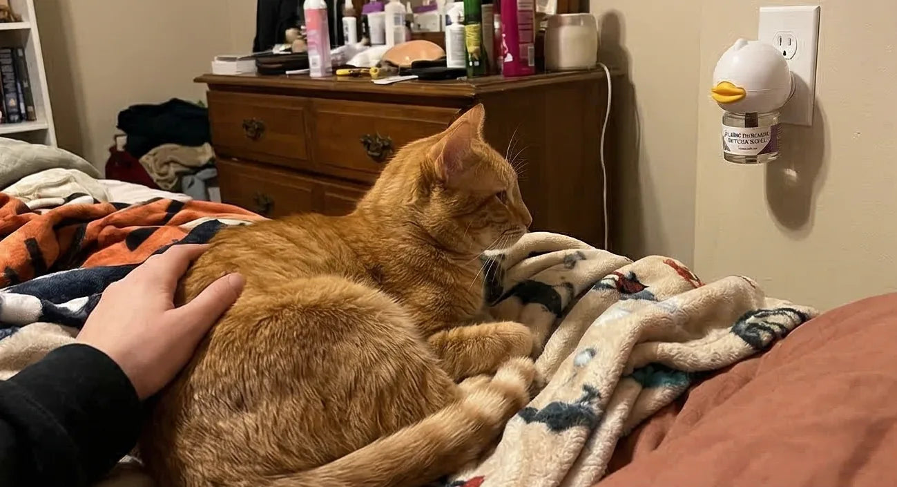 Orange cat resting peacefully on bed near plugged-in AromaPaw diffuser