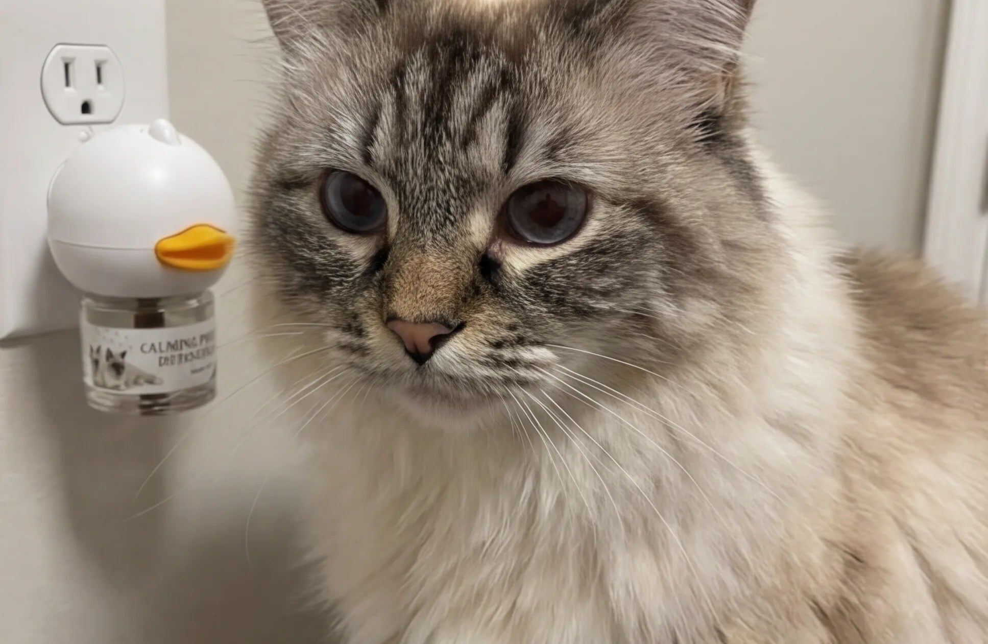 Fluffy cat sitting calmly next to plugged-in AromaPaw diffuser