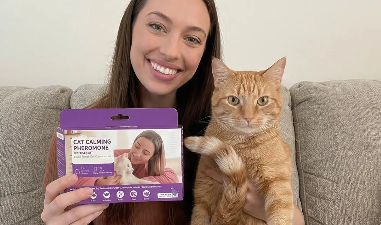 Happy customer holding AromaPaw box with her orange cat