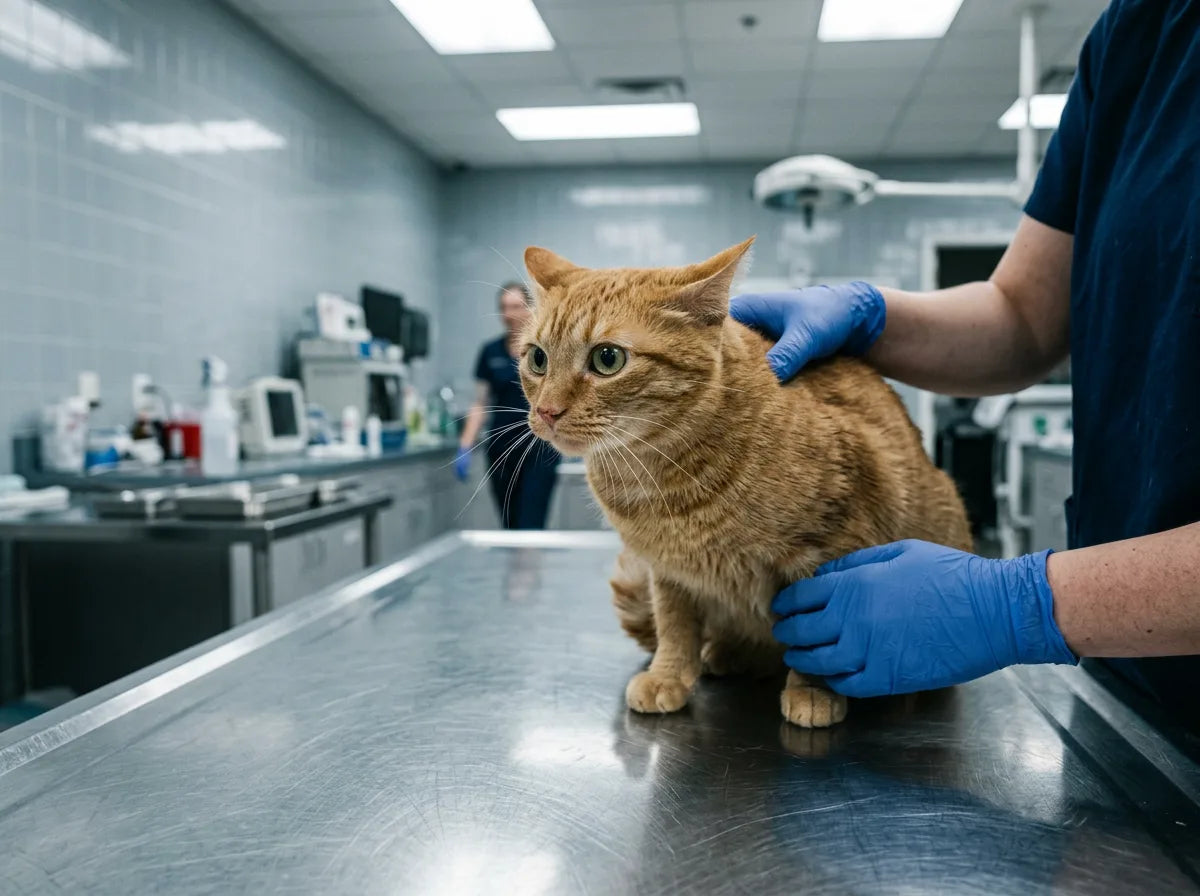 Veterinary examination room with a stressed cat on the table