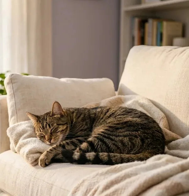 A calm tabby cat sleeping peacefully on a cream sofa in a sunlit living room