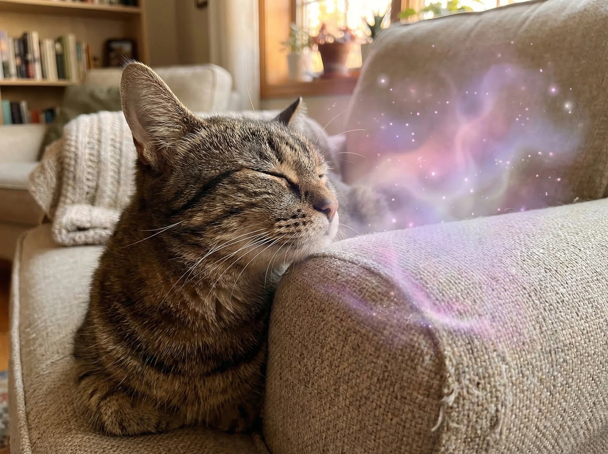 Realistic tabby cat rubbing its cheek against a cozy armchair with soft purple and pink glowing pheromone sparkles emanating from the contact point
