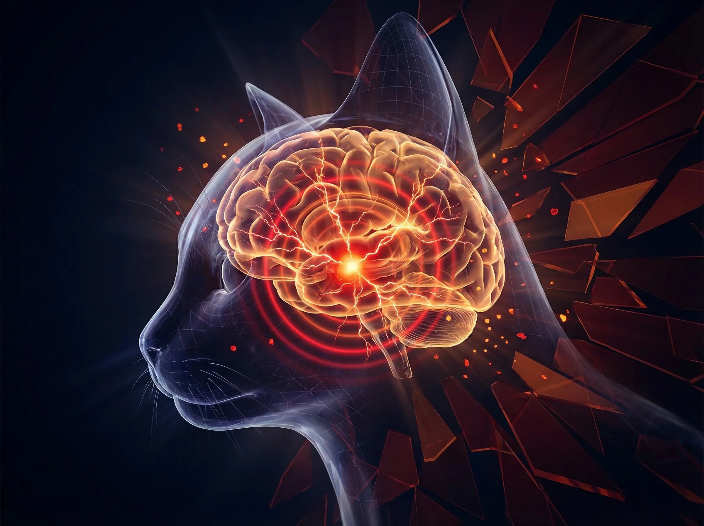 Scientific visualization of a translucent cat head in profile with glowing brain in red and orange threat mode, fractured energy shards radiating outward