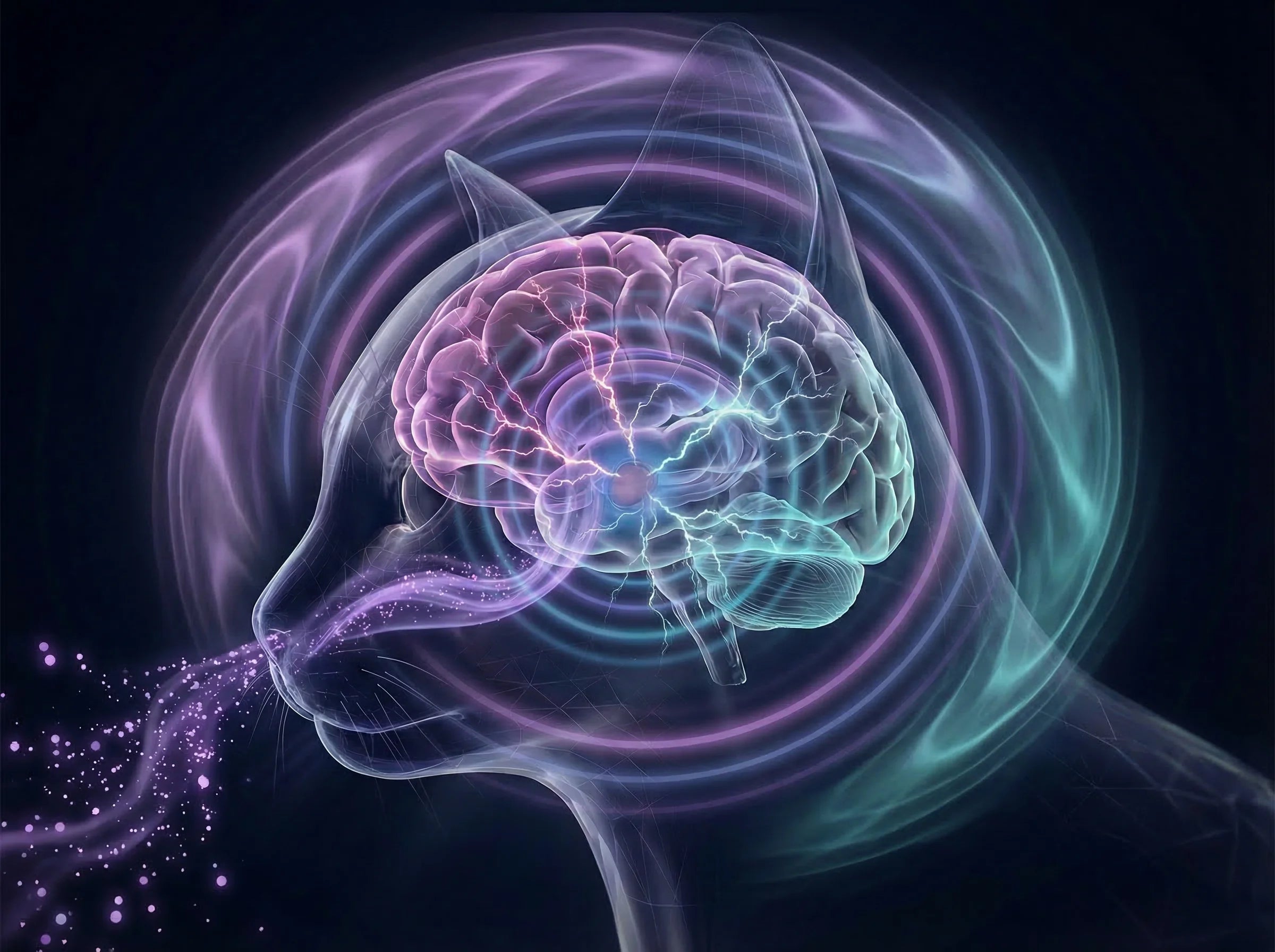 Scientific visualization of a translucent cat head in profile with glowing brain in calm purple and teal, pheromone particles streaming in through the nose, smooth harmonious energy aura