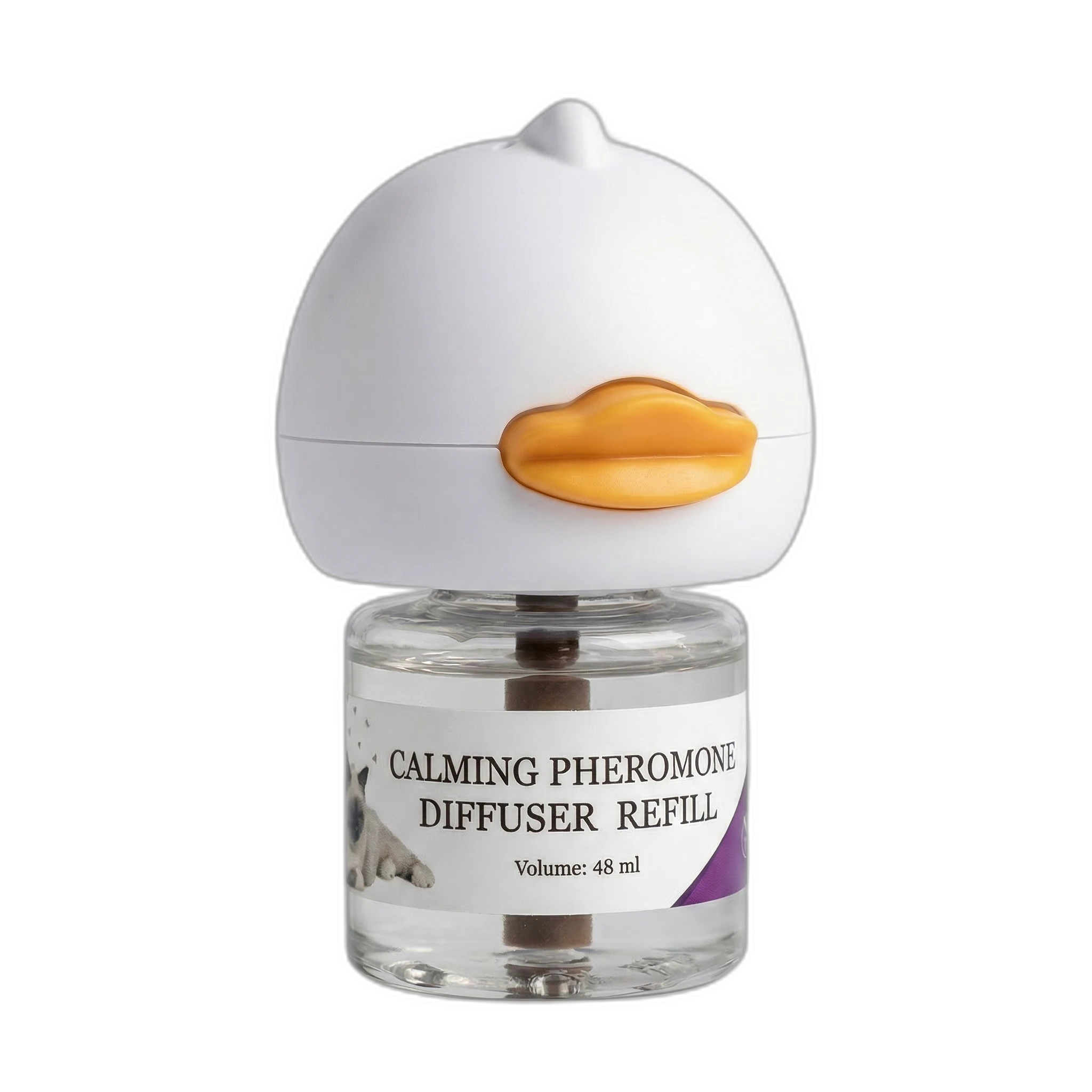 AromaPaw assembled calming pheromone diffuser — duck-shaped white unit with glass refill vial attached