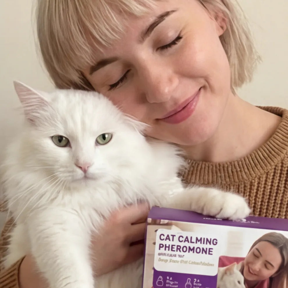 Happy customer holding AromaPaw Cat Calming Pheromone box with her white cat