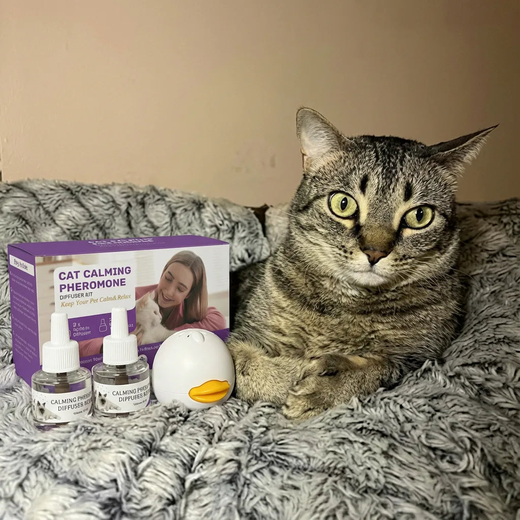 Tabby cat sitting next to AromaPaw diffuser kit and refill vials